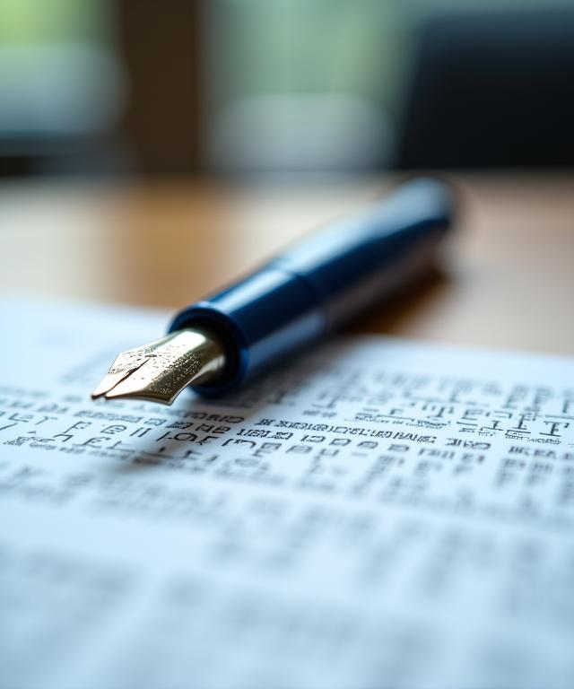 Close up of a fountain pen signing a detailed legal contract on high-quality paper.